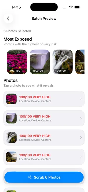 A batch of photos ranked by privacy risk before scrubbing