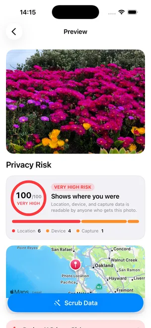 Scrub Data inspecting a photo: privacy risk score, metadata summary and the location the photo was taken
