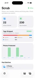 Scrub's on-device stats dashboard: photos cleaned, tags stripped, and this week's activity